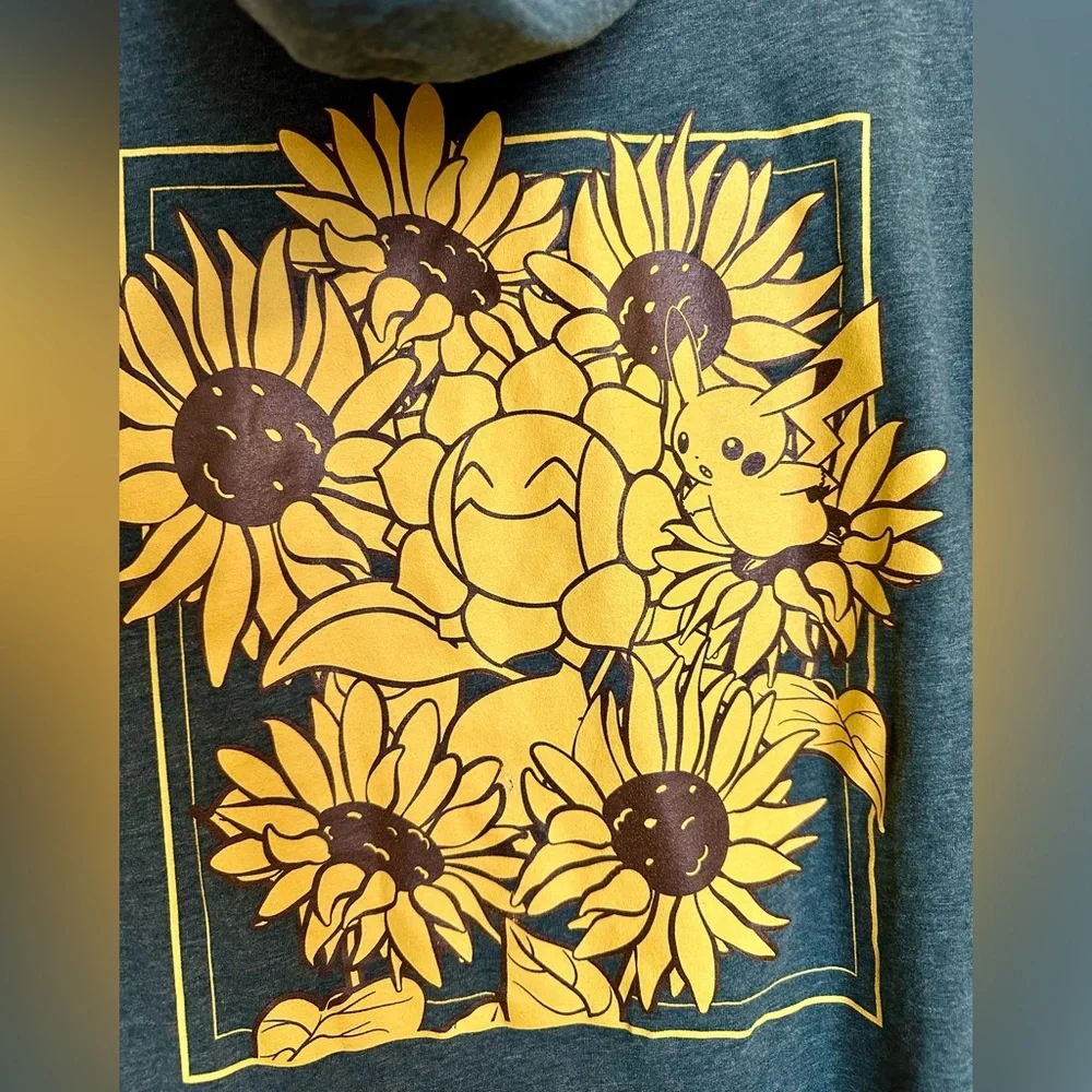 Pikachu & Sunflora Pokémon Unisex Green Hoodie Size Small - Picture 7 of 13